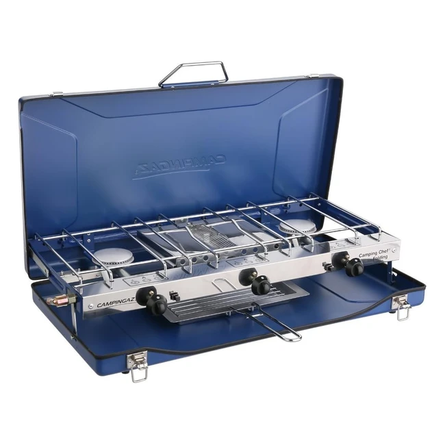 Campingaz Chef Folding Double Burner Stove and Grill - Compact Gas Cooker for Camping or Festivals - Blue