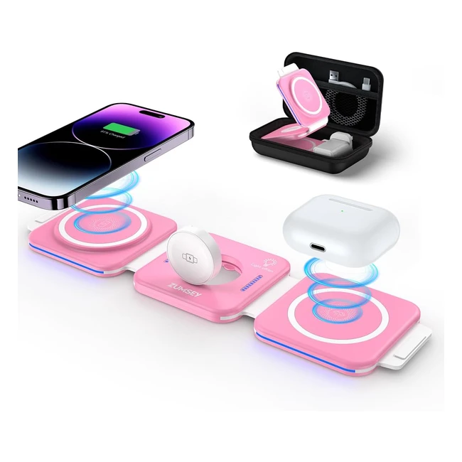 Zumsey Foldable Travel Wireless Charger 3 in 1 - iPhone 14 13 12 11 Pro Max - Magnetic Charging Stand - Pink
