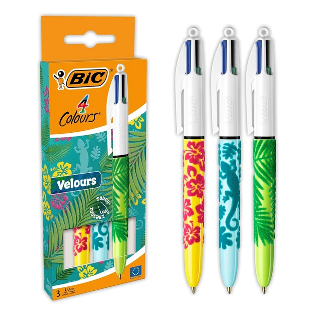 BIC 4 Colours Velours Ball Pens - Medium Point 10mm - Assorted Barrel Designs - Pack of 3 - Black
