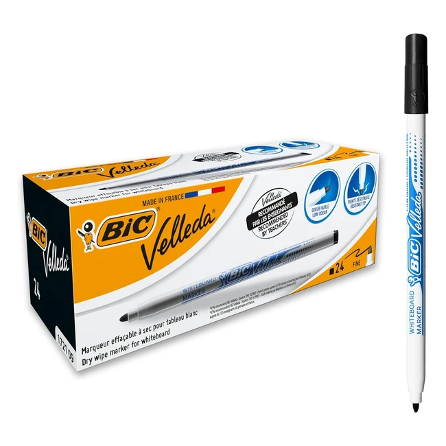 BIC Velleda 1721 - Feutres pour tableau blanc effaçables - Pointe fine - Marqueurs parfaits pour l'école et le bureau - Noir - Boîte de 24