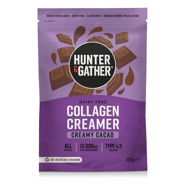 Hunter Gather Collagen Creamer for Coffee - Creamy Cacao - 300g - Grass Fed - Type 1 & 3 Bovine Collagen Peptides