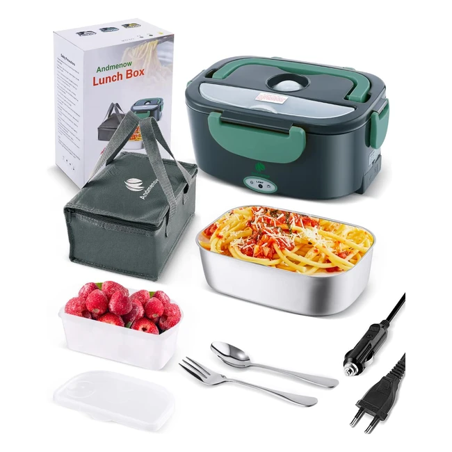 Scaldavivande Elettrico Portatile Andmenow 80W - Contenitore Rimovibile in Acciaio Inossidabile 304 - Forchetta e Cucchiaio Inclusi - Grigioverde