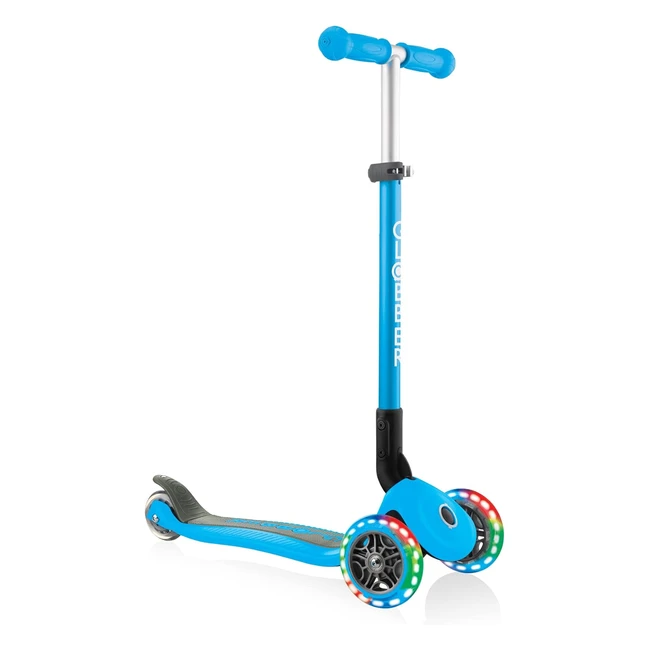 Globber Primo Foldable Lights - Patinete 3 Ruedas Plegable e Iluminado - Niños 3-7 Años - Azul Cielo