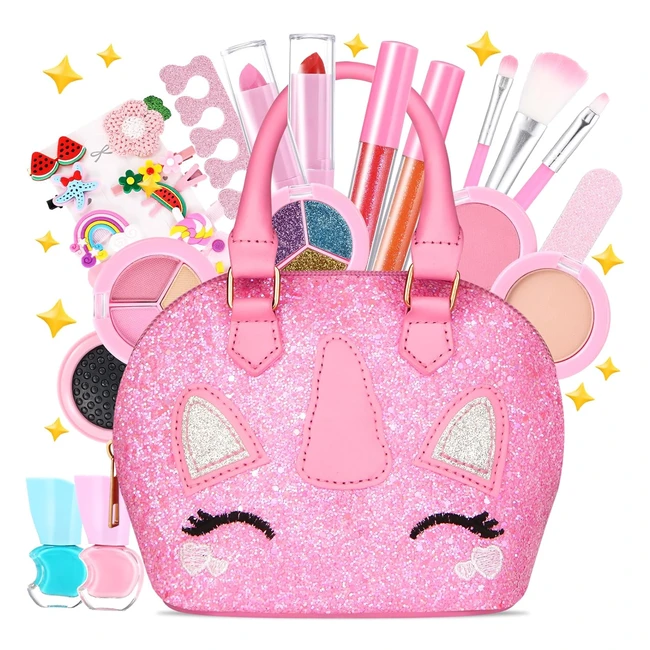 Maquillaje para niñas Togou2s - Set de maletín con bolso unicornio rosa - Kit de maquillaje lavable y seguro - Regalo de princesa para niñas 3-12 años