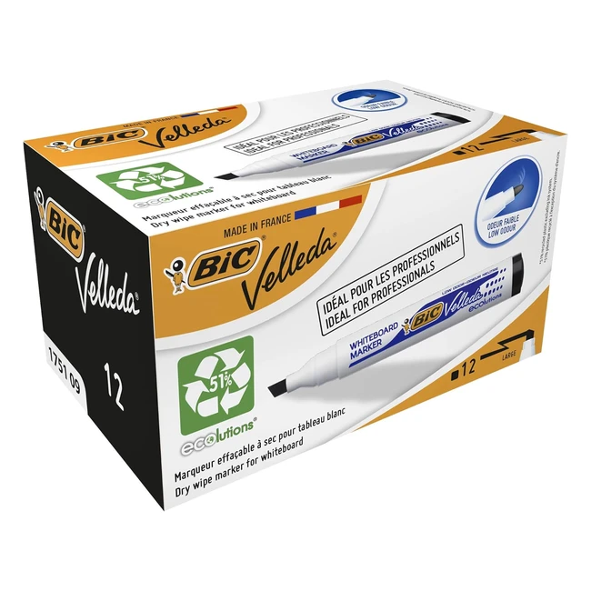 Feutres pour tableau blanc BIC Velleda 1751 Ecolutions - Pointe large biseautée - Noir - Boîte de 12