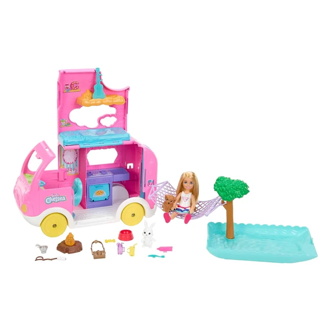 Barbie Camper Chelsea 2in1 Playset | Small Doll, 2 Pets, 15 Accessories | Transforming Vehicle into Campsite