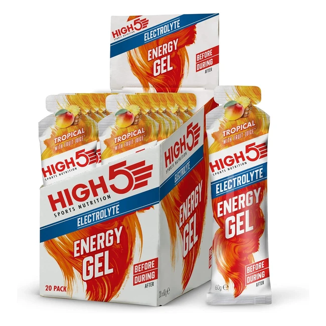 High5 Energy Gel with Electrolytes - Quick Release Energy On the Go - 23g Carbs - 57mg Magnesium - Great Taste - Tropical - 20x60g