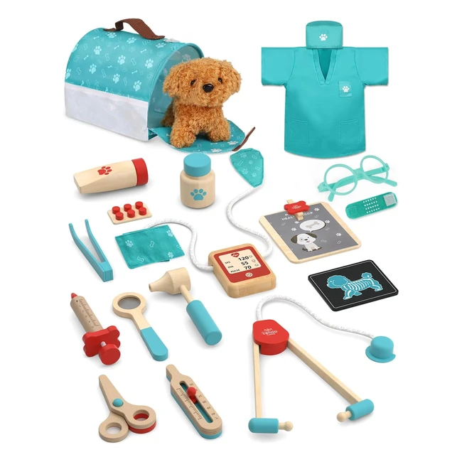 Valigetta Dottore Bambini Lehoo Castle - Kit Veterinario di Legno con Peluche Cane - Adatto per 3 Anni