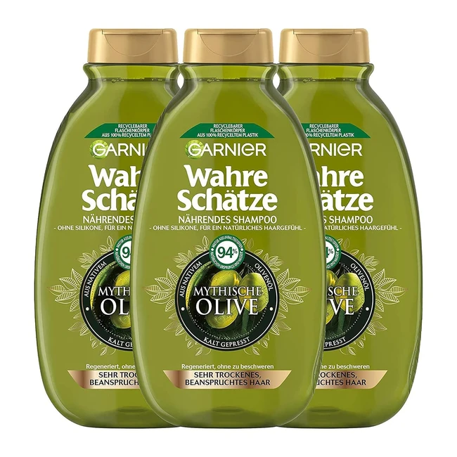 Garnier True Treasures Nährendes Shampoo Mythical Olive, regeneriert ohne zu beschweren, 3 x 250 ml