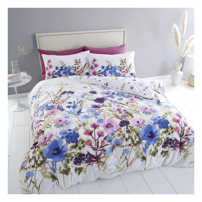 Catherine Lansfield Countryside Floral Double Duvet Set - Reversible, Easy Care, Button Fastening