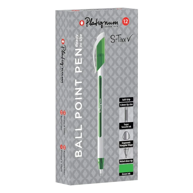 Platignum Stixx Green Ballpoint Pen Pack of 12 - Soft Grip Barrel - LV Ink - Smudge and Ultrasmooth Writing