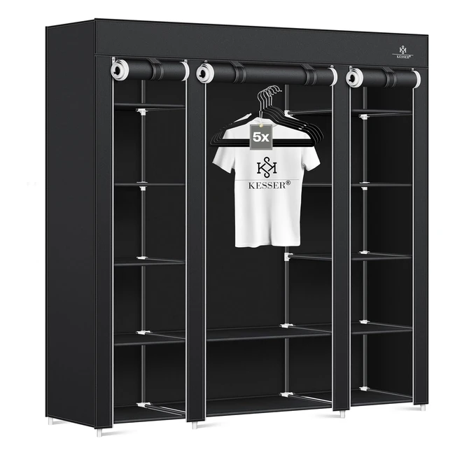 Kesser Kleiderschrank Stoffschrank stabil mit Kleiderstange und Ablagen | Inkl. 5x Kleiderbügel | Stoff Faltschrank für Schlafzimmer und Ankleidezimmer | 150x45x175cm | Schwarz