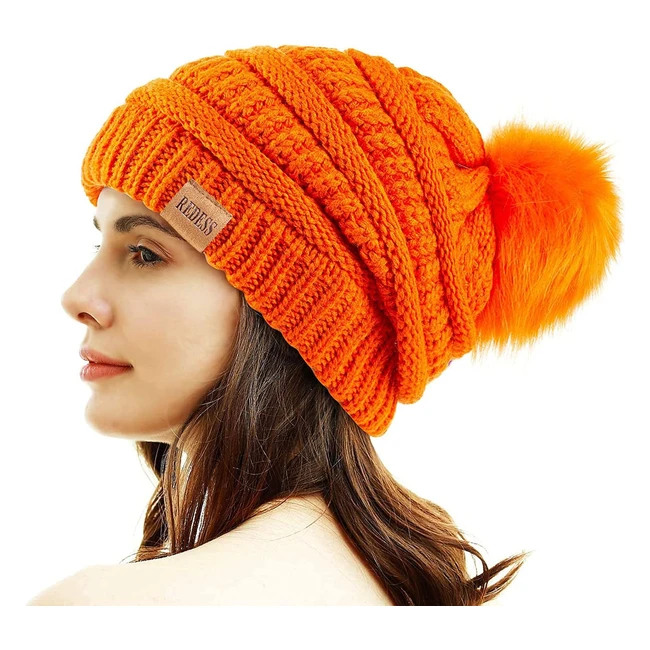 Redess Women Winter Pom Pom Beanie Hat - Warm Fleece Lined Slouchy Snow Knit C