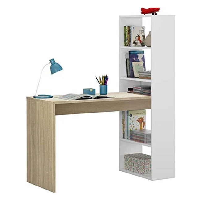 Bureau Denton Réversible avec Bibliothèque 5 Étagères - Support Livre PC - Blanc et Chêne