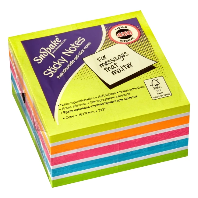Snopake Rainbow Neonmix Sticky Notes Cube 450 Sheets 15761