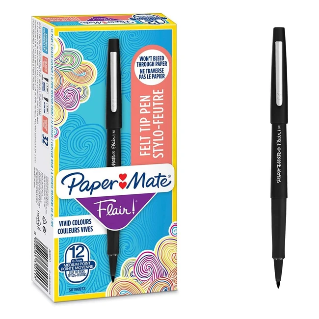 Paper Mate Flair Felt Tip Pens - Medium Point 07mm - Black - 12 Count - Bold & Expressive Lines