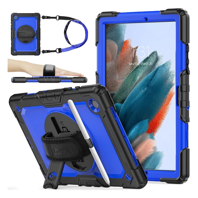 Coque pour Samsung Galaxy Tab A8 10.5 avec protecteur d'écran, dragonne rotative 360° et support antichoc - Bleu