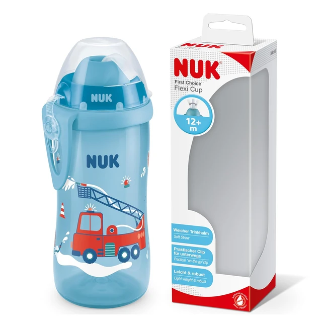 NUK First Choice Flexi Cup Trinkflasche 12 Monate auslaufsicher mit Trinkhalm Clip und Schutzkappe BPA-frei 300 ml Feuerwehrauto Blau