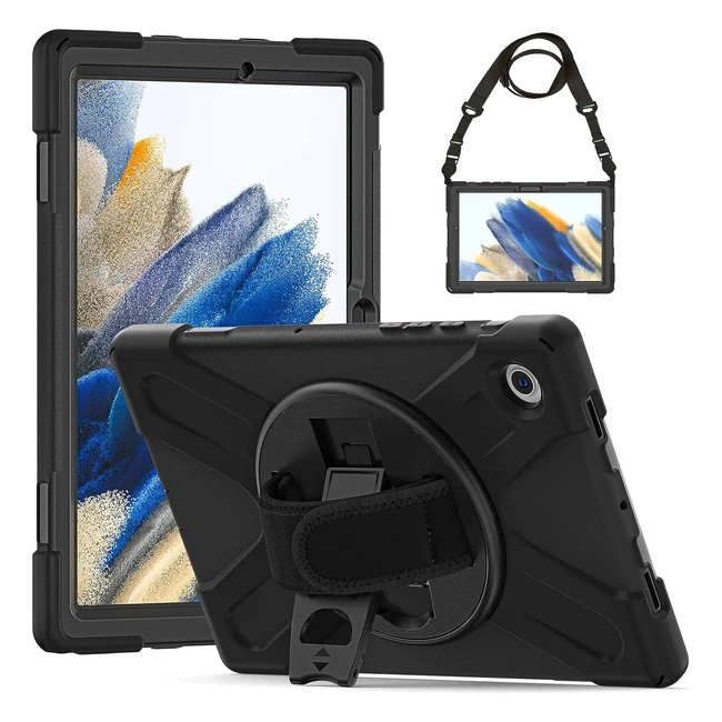 Gerutek Samsung Galaxy Tab A8 Case - Shockproof SMX200X205X207 Case - Heavy Duty Rugged - 360 Rotatable Kickstand - Hand Shoulder Strap - Black