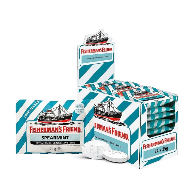 Fisherman's Friend Spearmint 24 Aufbewahrungsboxen - Pfefferminz und Menthol Geschmack - zuckerfreie vegane Bonbons für frischen Atem - 24 x 25 g