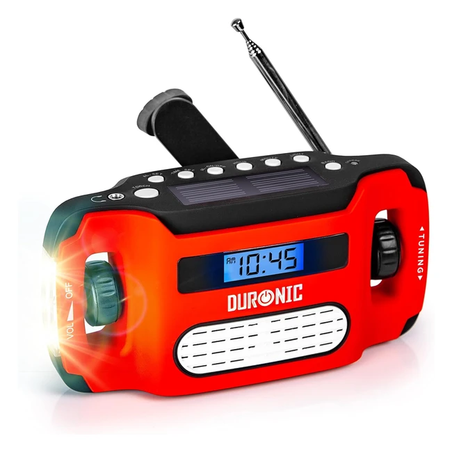 Duronic Wind Up Solar Radio - AMFM LED Torch Alarm Clock - USB Rechargeable