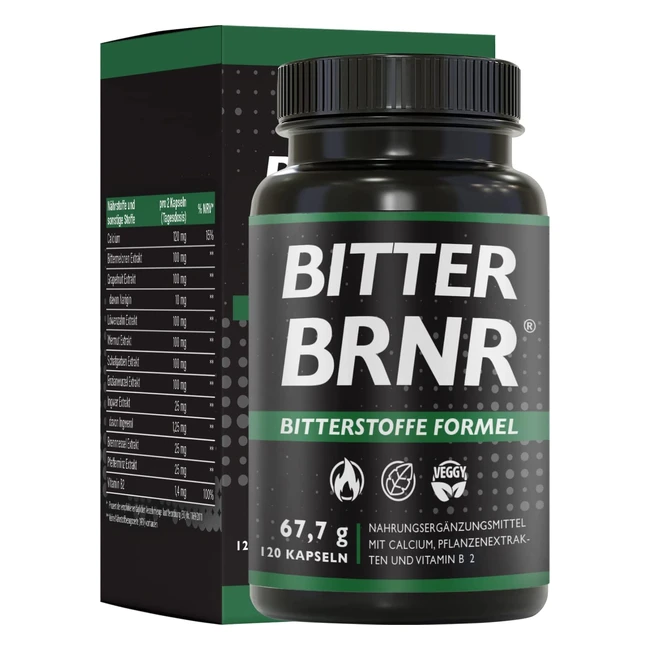Bitter BRNR - Bitterstoffe Formel & Stoffwechselkomplex mit Vitamin B2, Verdauungsenzymen & Calcium - 120 Kapseln