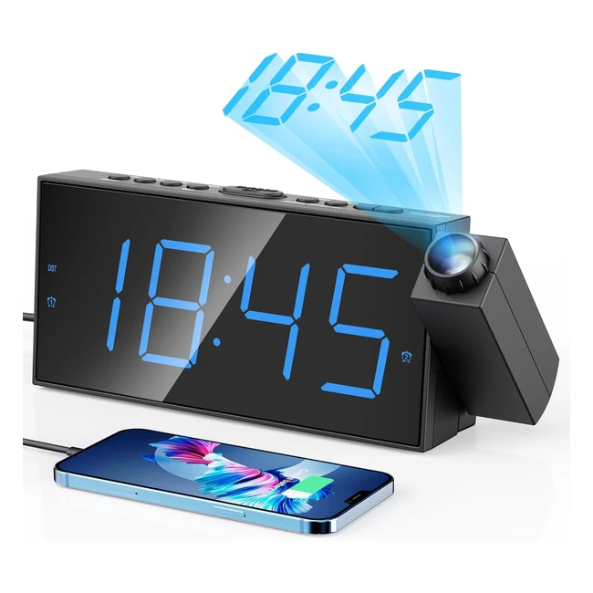 Réveil projecteur bleu 180° avec écran LED 7 pouces pour enfants - Réveil double plafond - Piles incluses - Luminosité et sonnerie réglables - USB 12/24h