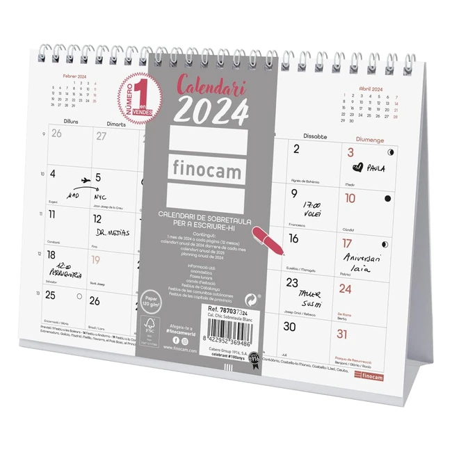 Calendario de sobremesa Finocam 2024, 12 meses, blanco, catalán