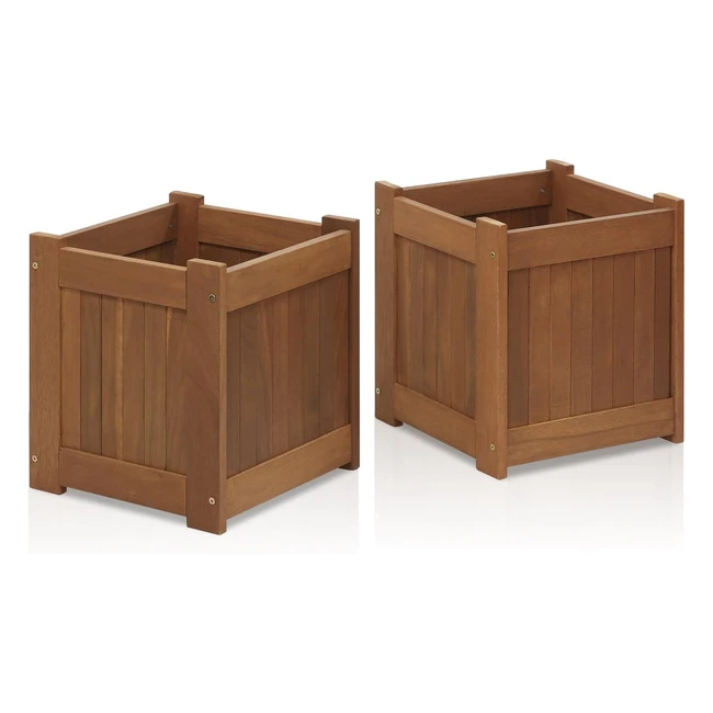 Furinno Tioman Hardwood Outdoor Flower Box Planter Stand - Teak Oil, Natural - 2 Pack