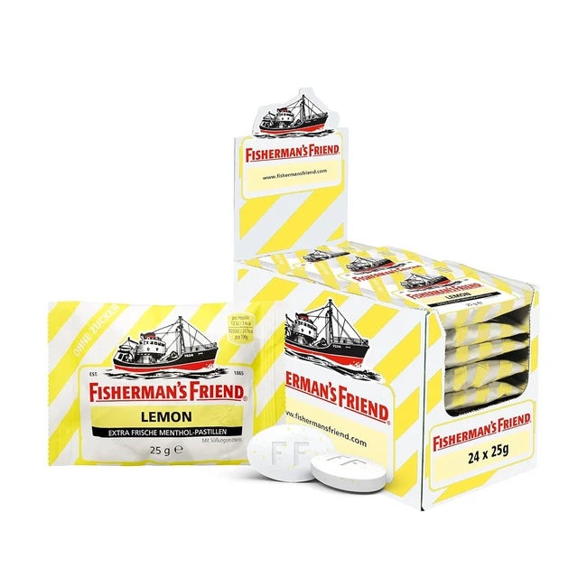Fisherman's Friend Lemon 24er Vorratsbox - Zitrone und Menthol Geschmack - zuckerfrei - vegan - Bonbons für frischen Atem - 24 x 25g