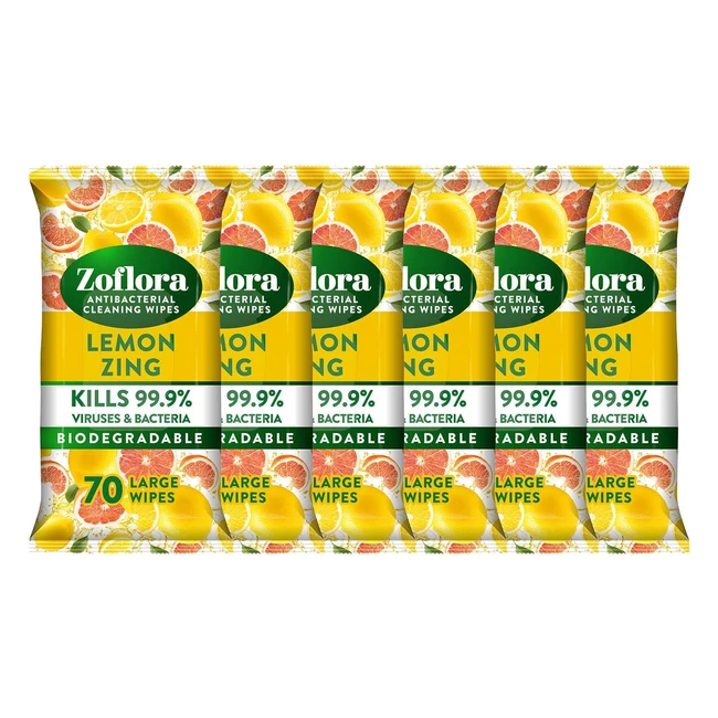 Zoflora Lemon Zing 6 x 70 Large Wipes - Antibacterial Multisurface Cleaning Wipe