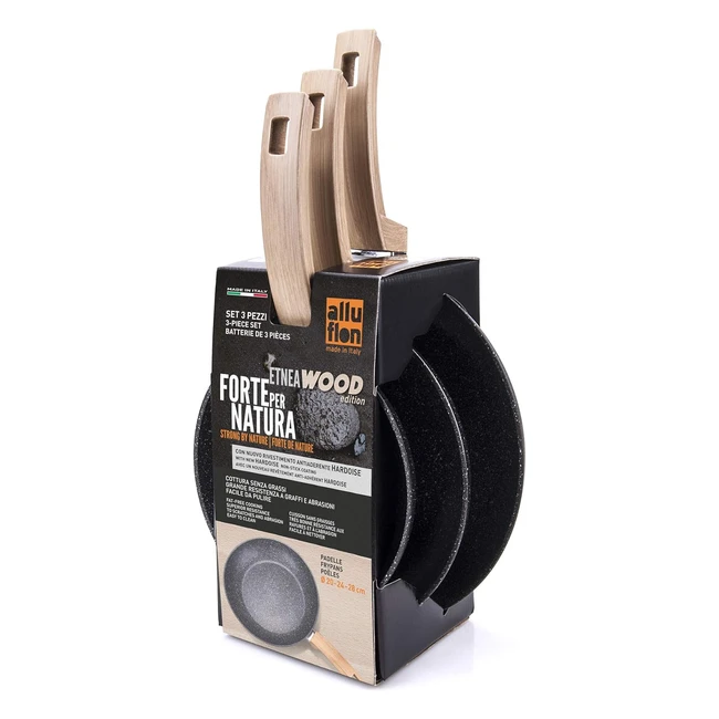 Set 3 Padelle Alluflon Etna Wood Edition 20 24 28cm - Antiaderente Nero