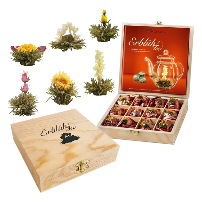 Juego de Regalo de Flores de Té en Caja de Madera - 12 Flores de Té, 6 Tipos Diferentes