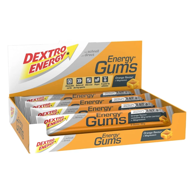Dextro Energy Gums - Orange Magnesium - Pocket Size Energy On the Go - Vegan - 