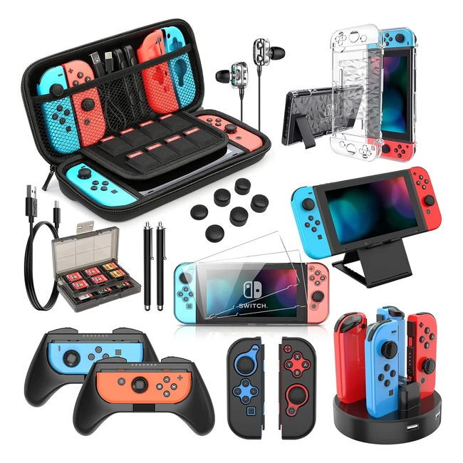 Kit Accesorios Nintendo Switch - Funda, Carcasa, Protector Pantalla, Agarre, Volante, Soporte, Estuche, Juegos, Carga - Negro