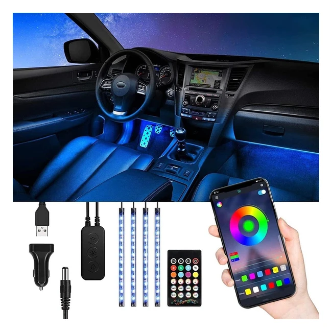 Striscia LED Auto Interni Tasmor Luci LED con Telecomando e Controllo Bluetooth App 48 LEDs Impermeabili Strisce LED Auto 5050 RGB Multicolore