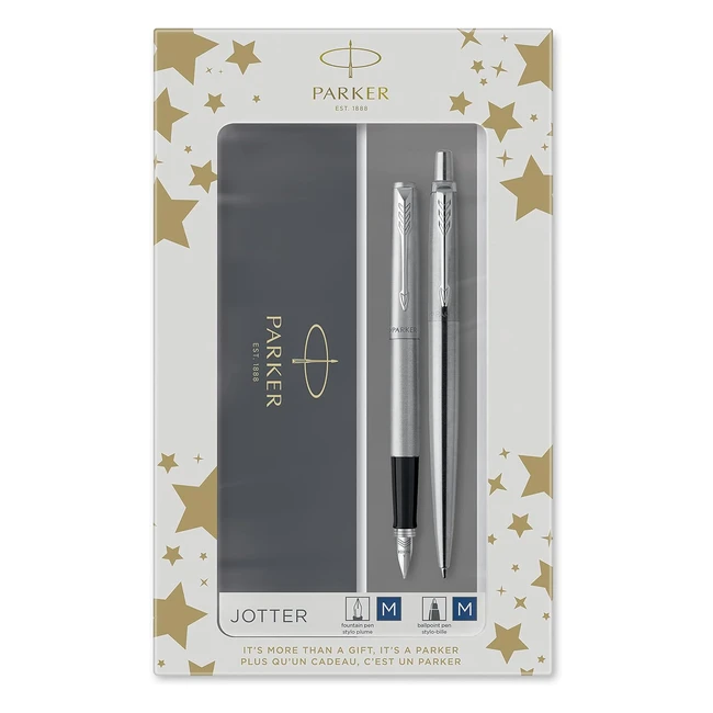 Parker Jotter Duo Gift Set - Ballpoint Pen & Fountain Pen - Stainless Steel - Blue Ink - Gift Box