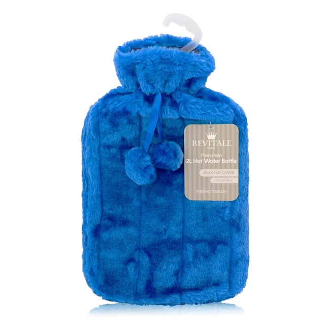Revitale Luxury Faux Fur Pom Pom Hot Water Bottle - 2 Litre - Royal Blue