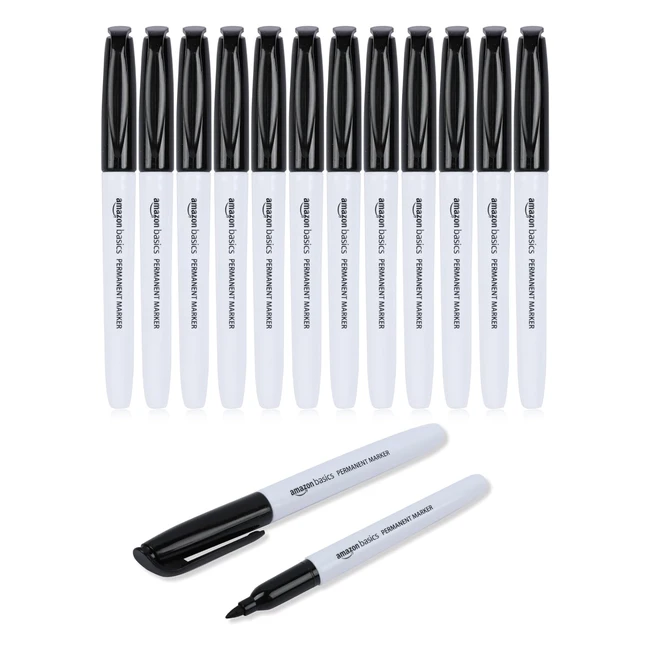 Amazon Basics Permanent Marker Stifte Schwarz 12er Pack - Langlebige Spitze für präzise Markierungen und klare Linien