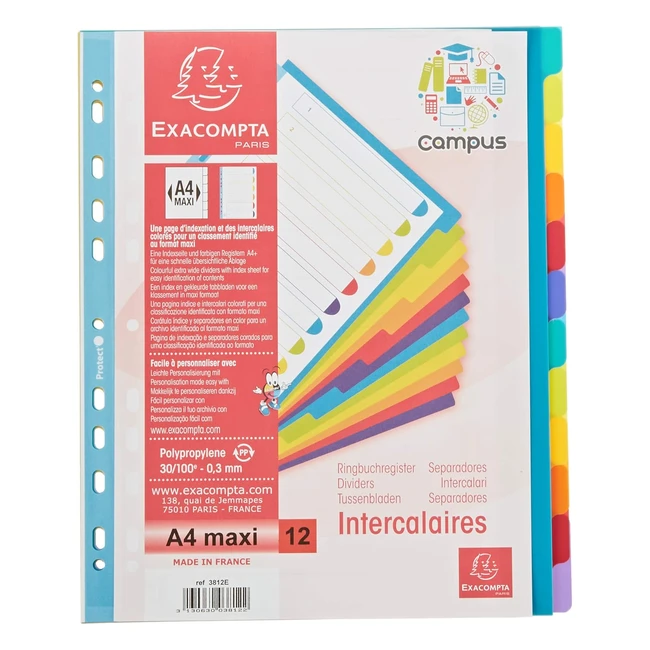 Exacompta Campus PP Dividers for A4 Documents - 12 Tabbed Parts - Multicoloured