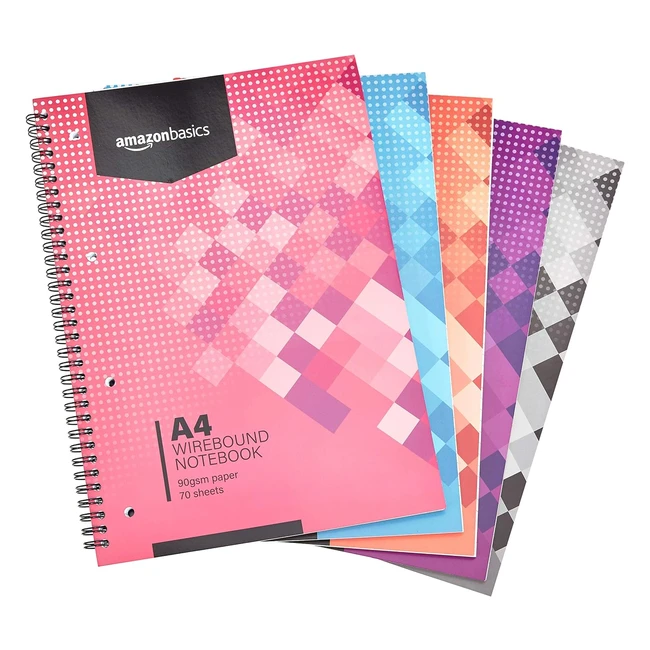 Amazon Basics Wirebound Notebook - Assorted Colors - 70 Sheets - A4 90gsm - Pack of 5