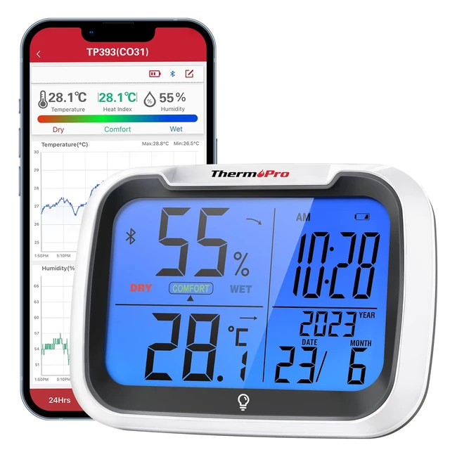 ThermoPro TP393B Digital Hygrometer with Clock - Auto Sync via Bluetooth - 80m Range - Rechargeable - Backlit Display