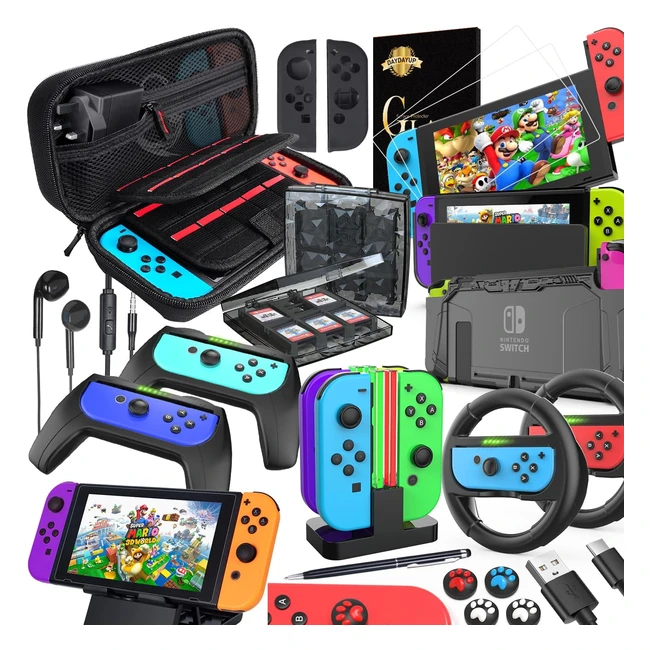 Deruitu Switch Accessories Bundle - Nintendo Switch Kit with Carrying Case, Screen Protector, Compact Playstand, Game Case, Joystick Cap, Charging Dock - 18 in 1