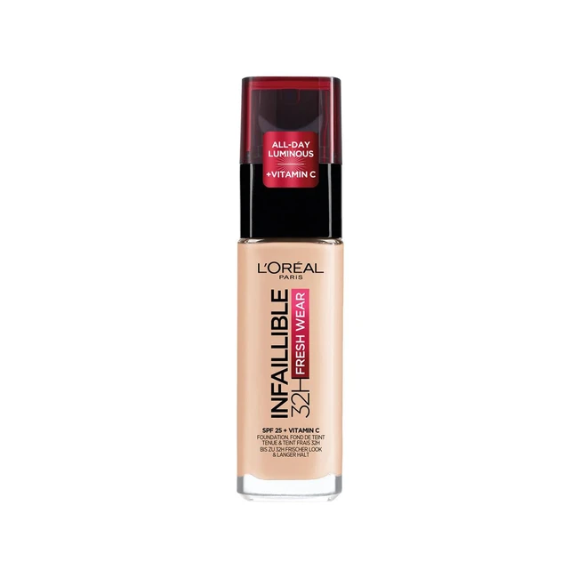 L'Oréal Paris Make-up, wasserfeste und langanhaltende flüssige Foundation mit LSF 25, Infaillible 32h Fresh Wear Make-up Nr. 20 Ivory, 30 ml
