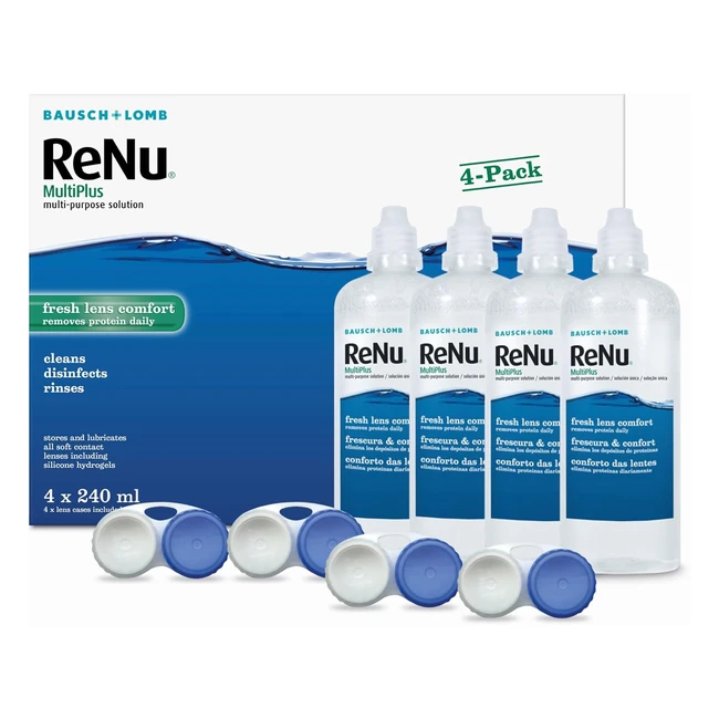 Renu Multiplus Contact Lens Solution - 4x240ml - Moisturize, Clean, Disinfect, Lubricate, Rinse - Lens Case Included