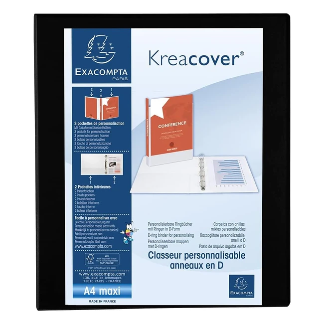 Exacompta Ref 51842NE: Customizable Rigid Opaque Binder with 3 Pockets, 4 D-rings (30mm), Spine 47mm