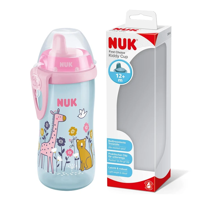 NUK First Choice Kiddy Cup Lernbecher 12 Monate - Auslaufsicher - Beißfester Trinkschnabel - Clip - Schutzkappe - 300 ml - BPA-frei - Giraffe Pink 10255669