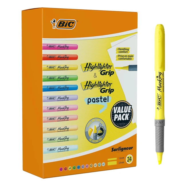 BIC Highlighter Grip - Pastel Colors - Pack of 24 - Perfect for Classroom or Office