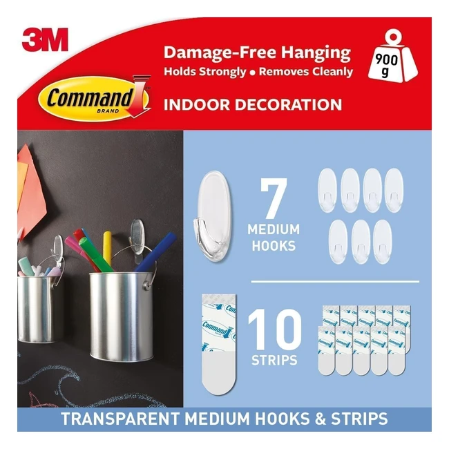 Command Clear Medium Hooks - Multi Pack of 7 Hooks with 10 Adhesive Strips - Dam
