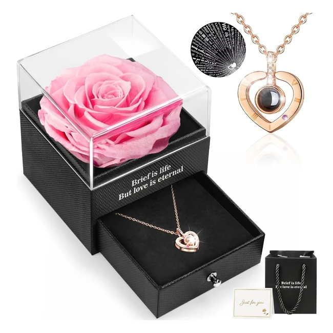 Regalo Festa della Mamma Rosa Stabilizzata Vera Eterna + Collana I Love You 100 Lingue
